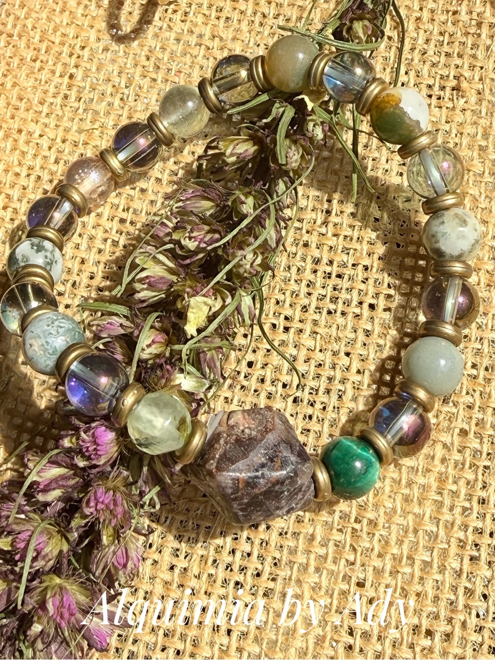 Green gemstones Gold & Earth-Tone Beaded super seven Bracelet